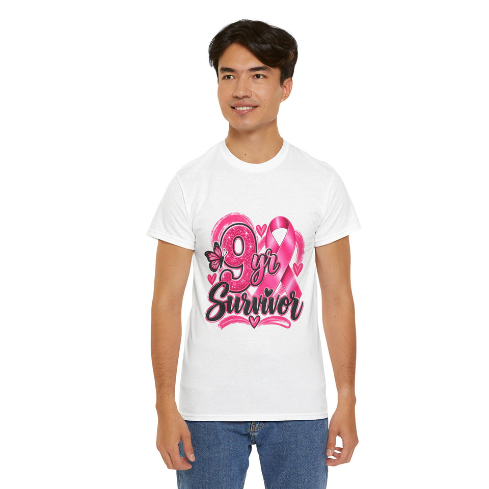 9 Yr Survivor Breast Cancer Awareness Unisex Heavy Cotton Tee