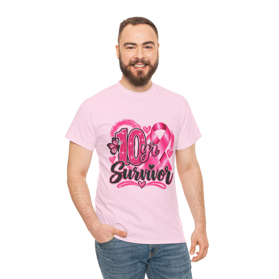 10 Yr Survivor Breast Cancer Awareness Unisex Heavy Cotton Tee