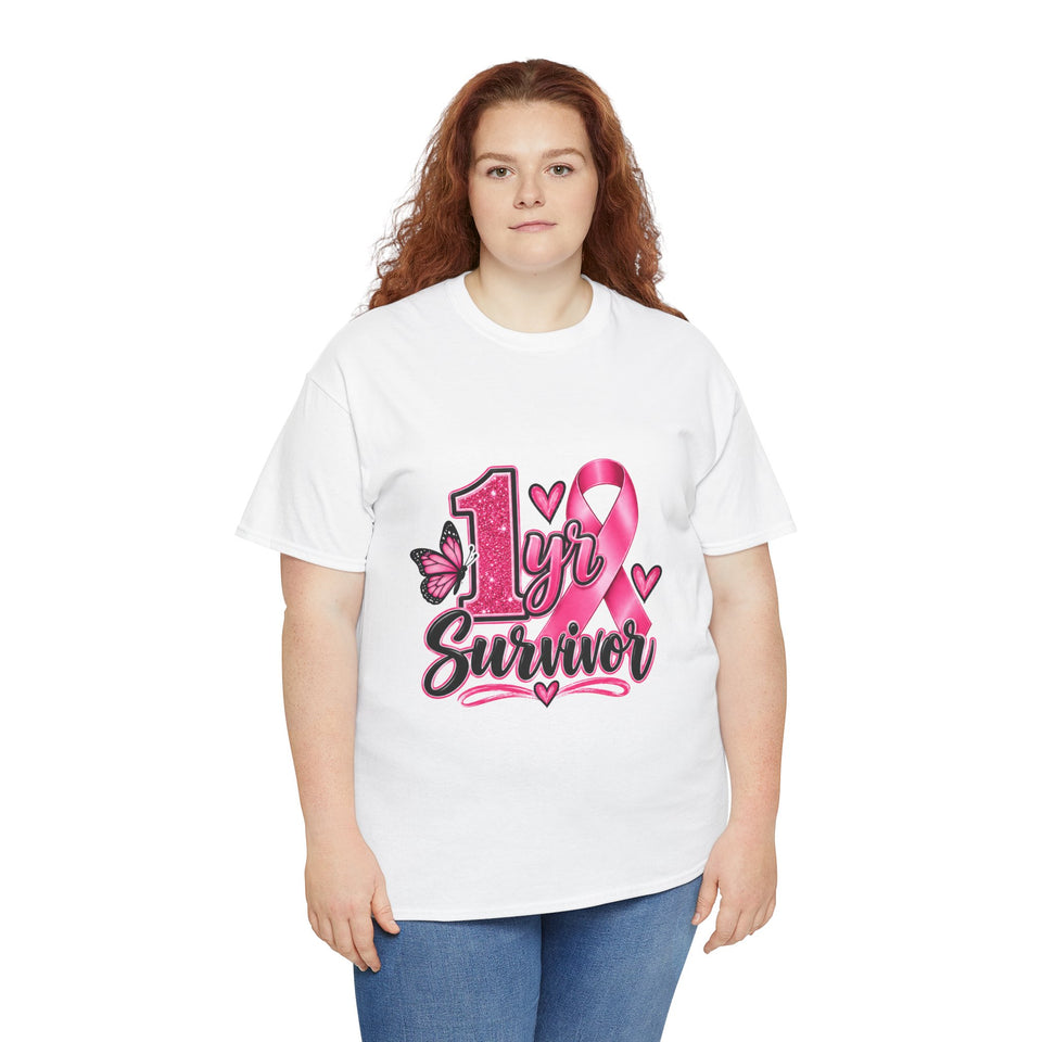1 Yr Survivor Breast Cancer Awareness Unisex Heavy Cotton Tee