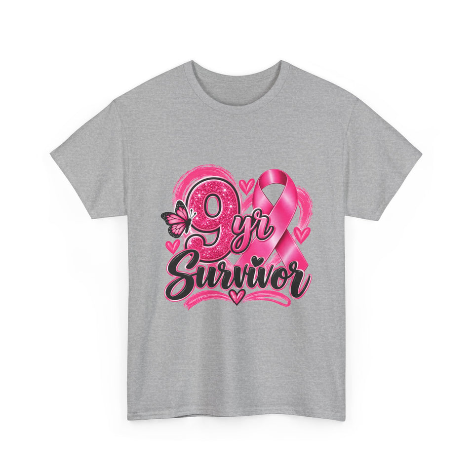 9 Yr Survivor Breast Cancer Awareness Unisex Heavy Cotton Tee