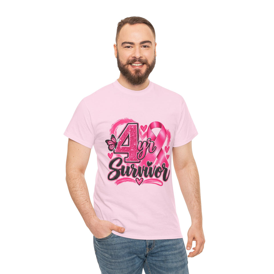 4 Yr Survivor Breast Cancer Awareness Unisex Heavy Cotton Tee