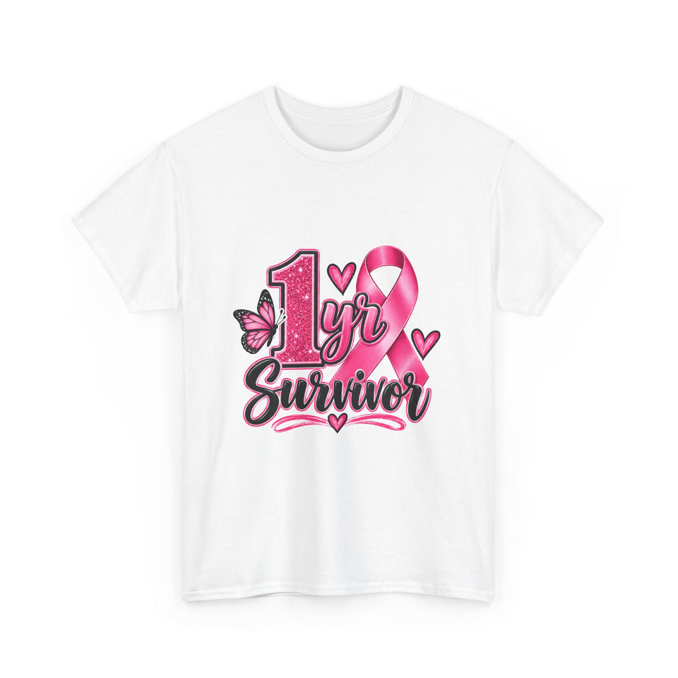 1 Yr Survivor Breast Cancer Awareness Unisex Heavy Cotton Tee