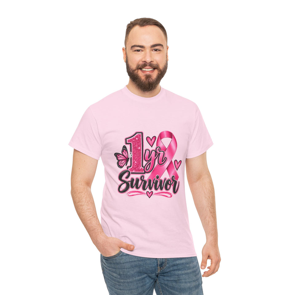 1 Yr Survivor Breast Cancer Awareness Unisex Heavy Cotton Tee