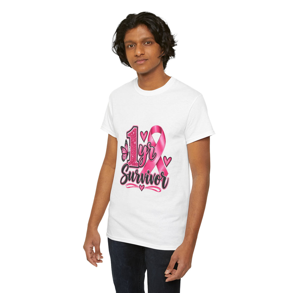 1 Yr Survivor Breast Cancer Awareness Unisex Heavy Cotton Tee