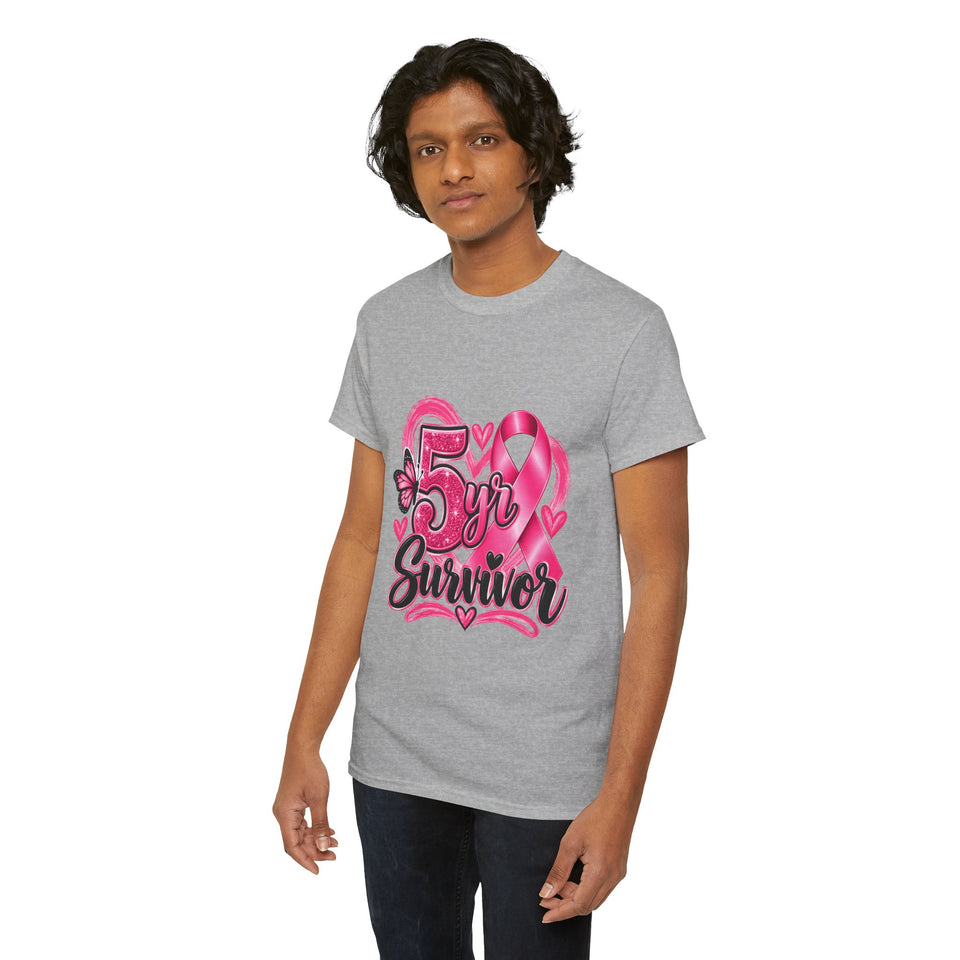 5 Yr Survivor Breast Cancer Awareness Unisex Heavy Cotton Tee