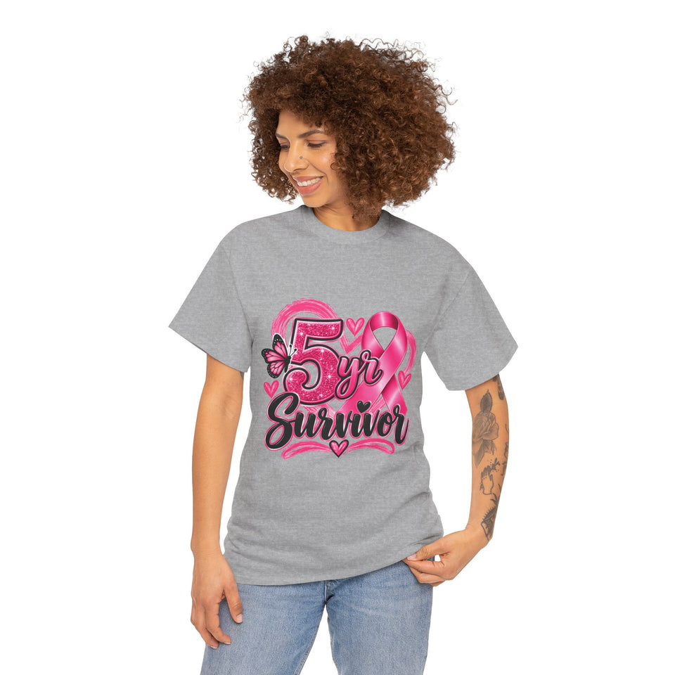 5 Yr Survivor Breast Cancer Awareness Unisex Heavy Cotton Tee