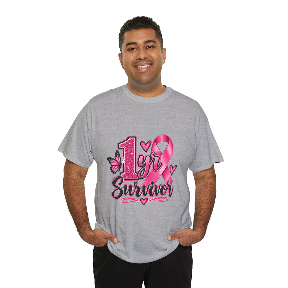 1 Yr Survivor Breast Cancer Awareness Unisex Heavy Cotton Tee