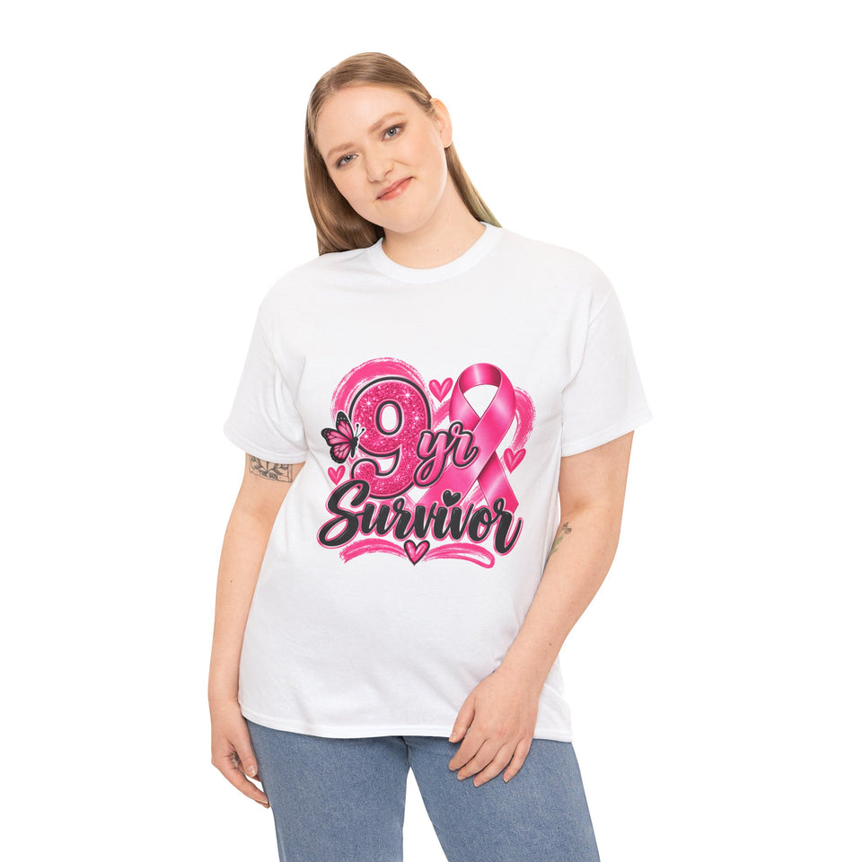 9 Yr Survivor Breast Cancer Awareness Unisex Heavy Cotton Tee