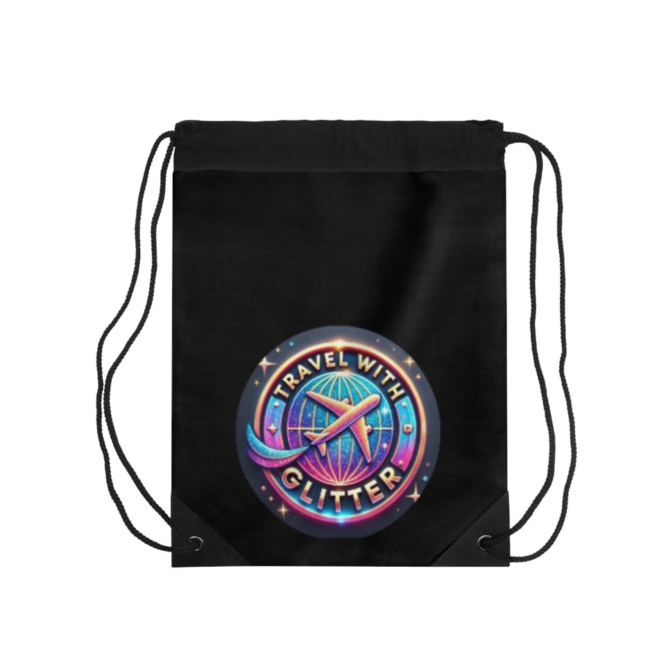 Travel With Glitter Drawstring Bag