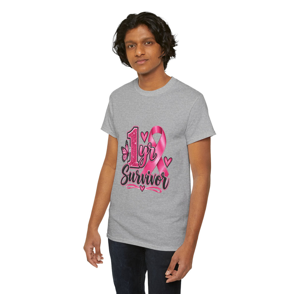 1 Yr Survivor Breast Cancer Awareness Unisex Heavy Cotton Tee