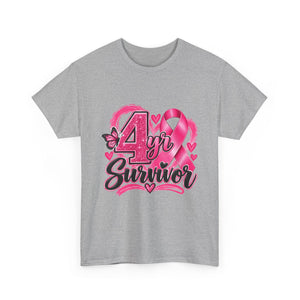4 Yr Survivor Breast Cancer Awareness Unisex Heavy Cotton Tee