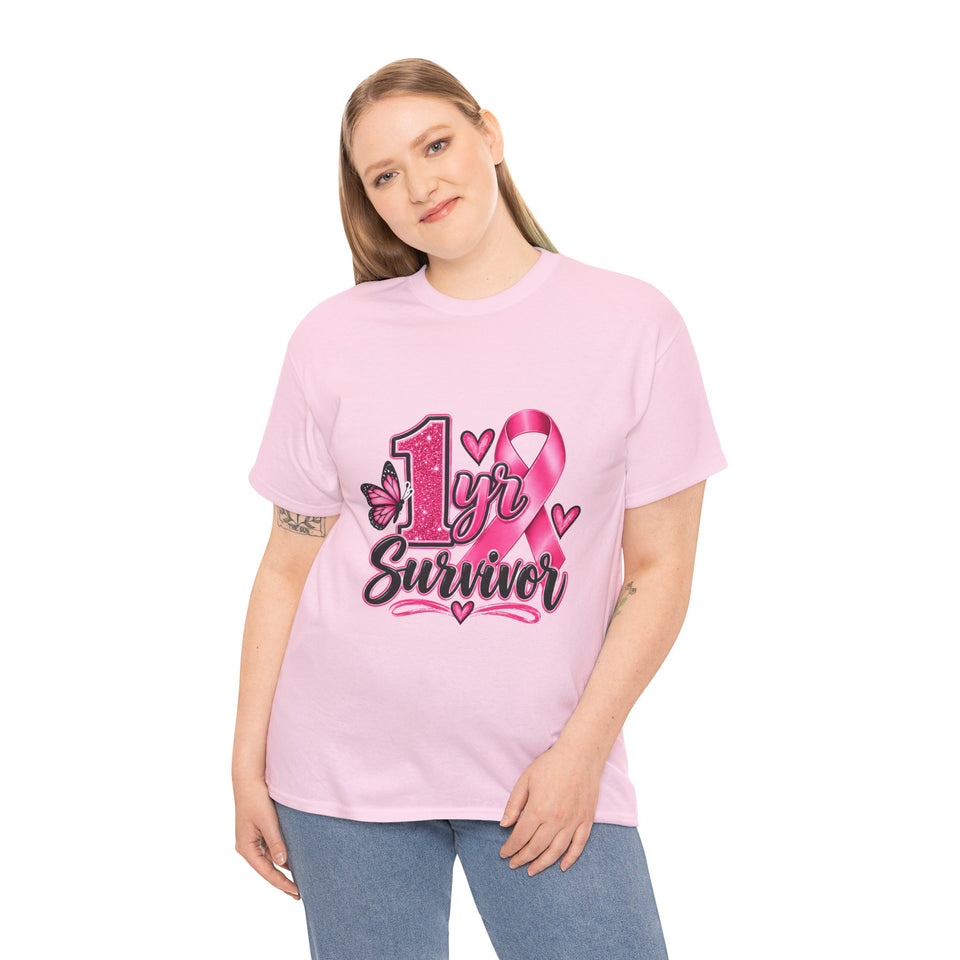 1 Yr Survivor Breast Cancer Awareness Unisex Heavy Cotton Tee