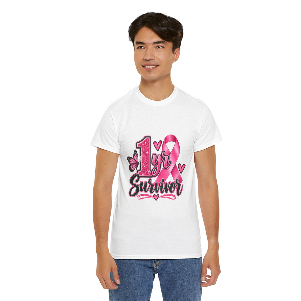 1 Yr Survivor Breast Cancer Awareness Unisex Heavy Cotton Tee