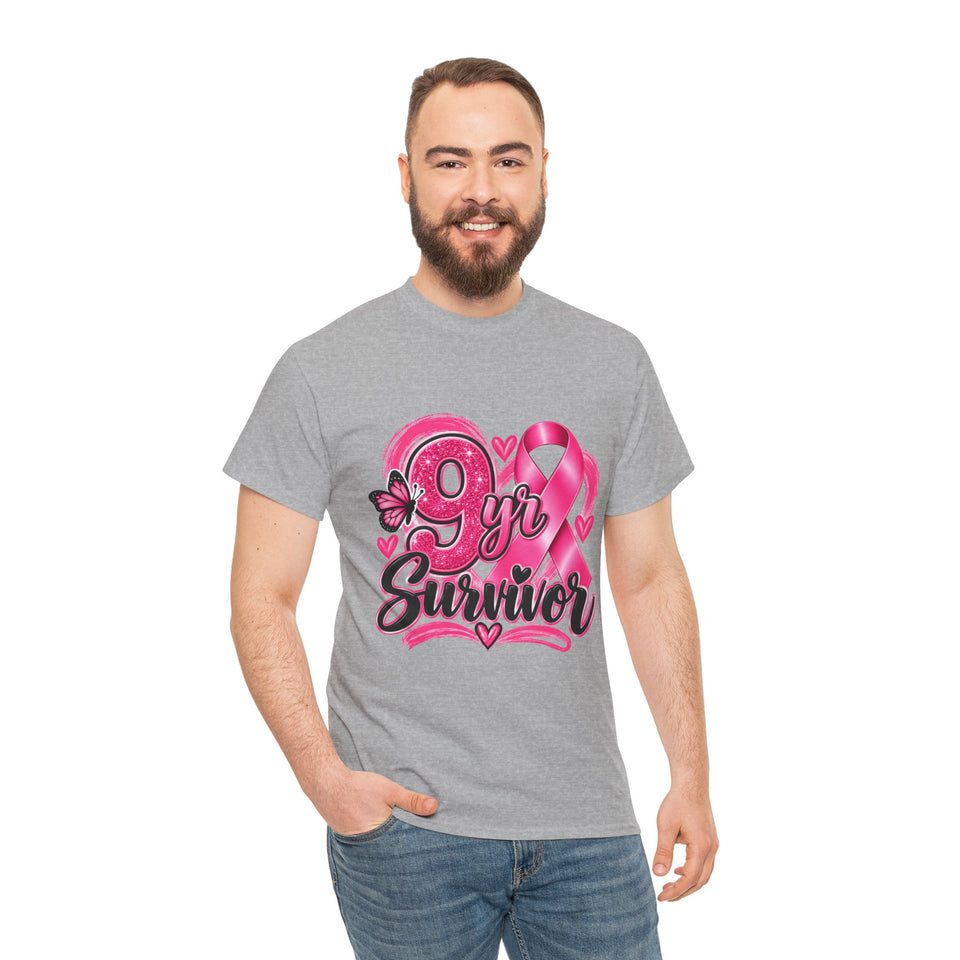 9 Yr Survivor Breast Cancer Awareness Unisex Heavy Cotton Tee