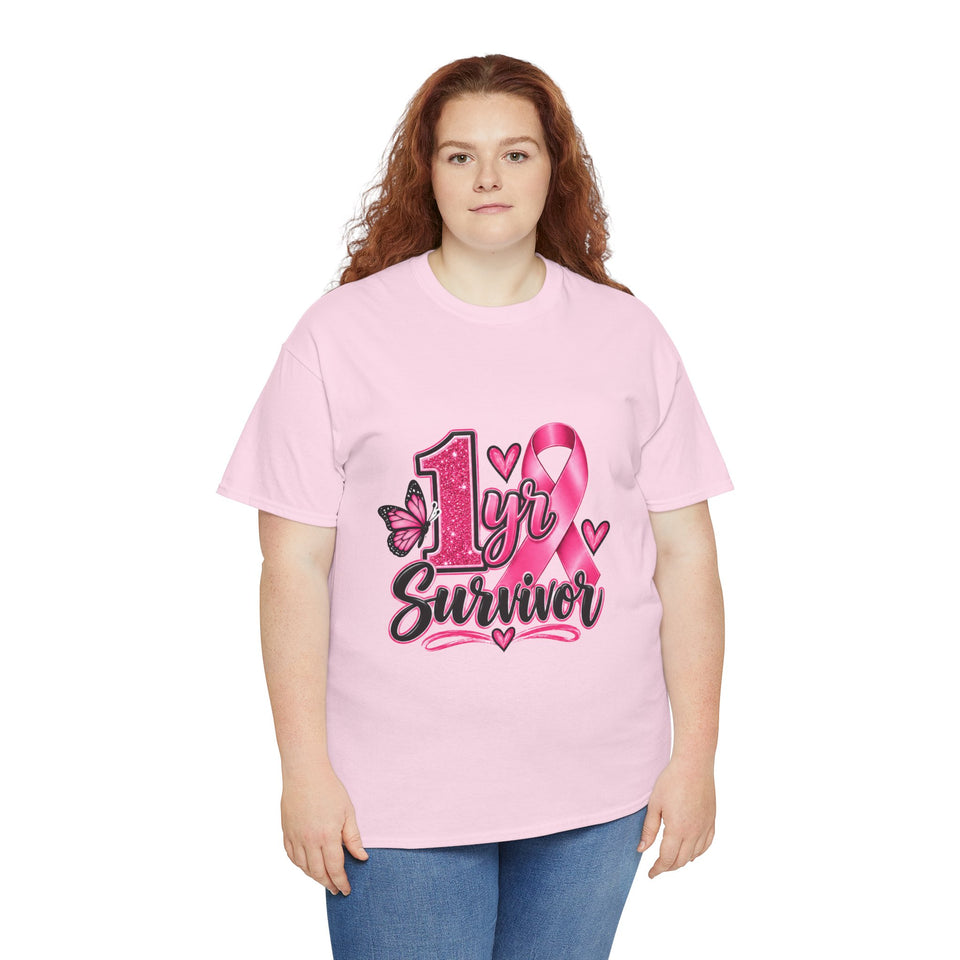 1 Yr Survivor Breast Cancer Awareness Unisex Heavy Cotton Tee
