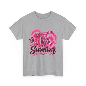 10 Yr Survivor Breast Cancer Awareness Unisex Heavy Cotton Tee