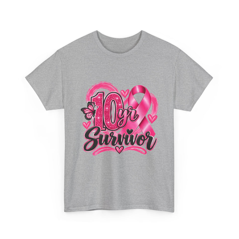 10 Yr Survivor Breast Cancer Awareness Unisex Heavy Cotton Tee