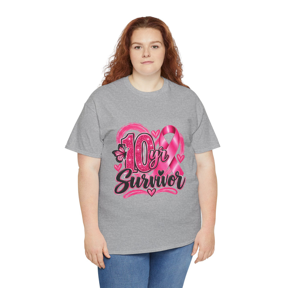 10 Yr Survivor Breast Cancer Awareness Unisex Heavy Cotton Tee