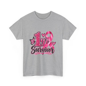 1 Yr Survivor Breast Cancer Awareness Unisex Heavy Cotton Tee