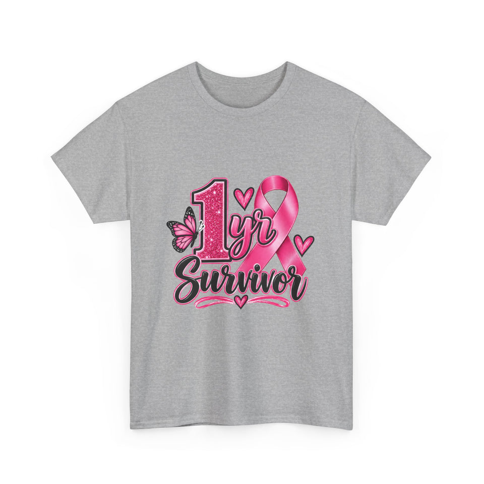 1 Yr Survivor Breast Cancer Awareness Unisex Heavy Cotton Tee