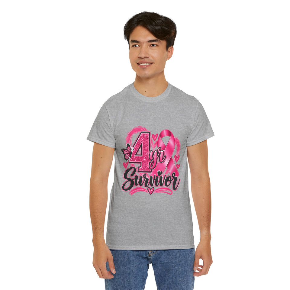 4 Yr Survivor Breast Cancer Awareness Unisex Heavy Cotton Tee